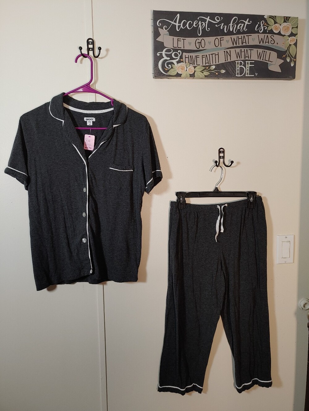 DKNY Medium Soft And Comfy Gray With White Piping Short Sleeve Pajama Set